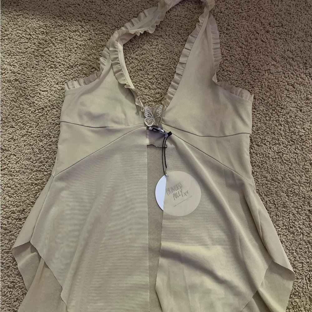 Princess Polly Flowy Beige Halter Top with Ruffle Details